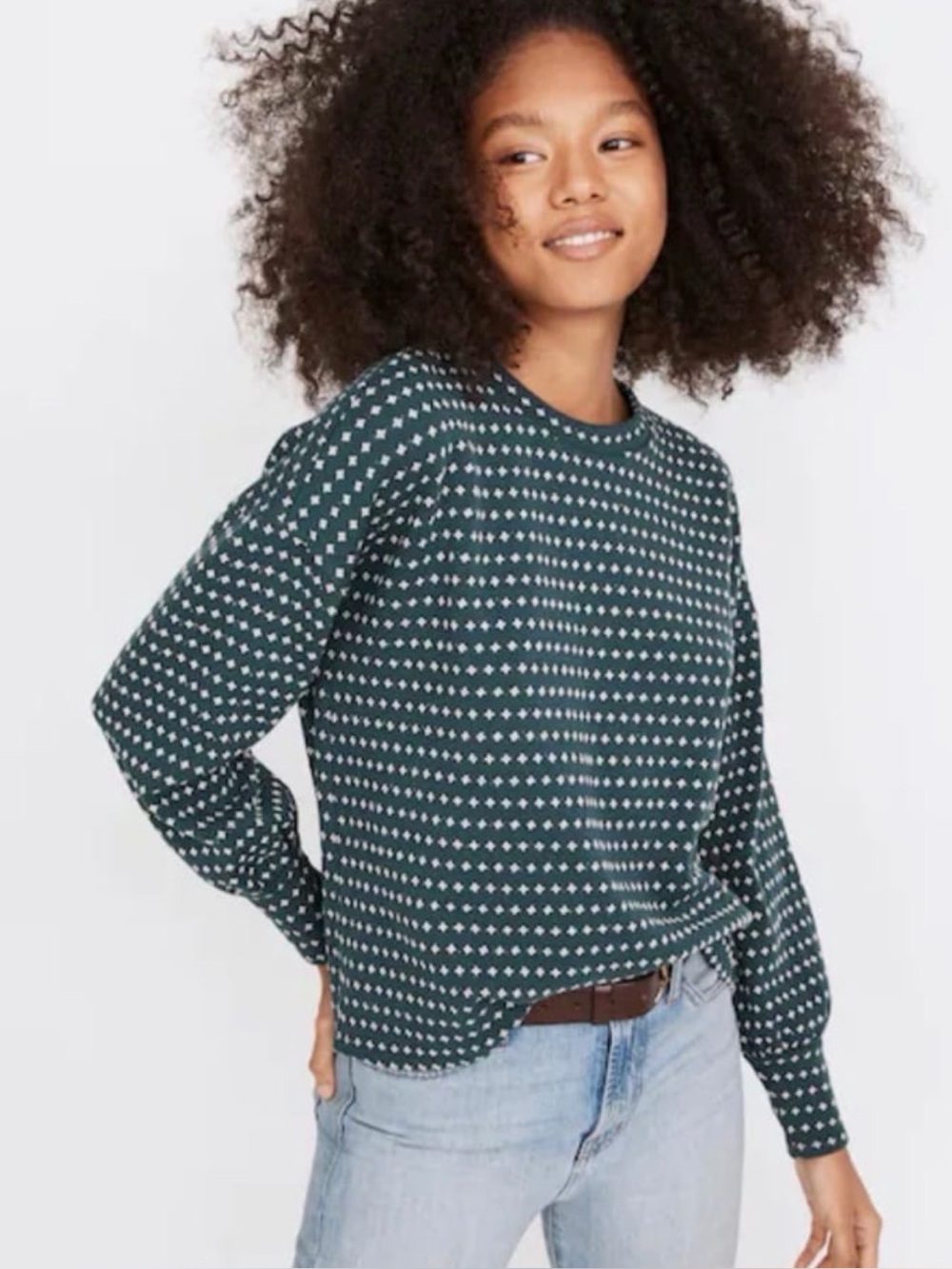 Madewell Jacquard Floral Puff Long Sleeve Top in Forest Green